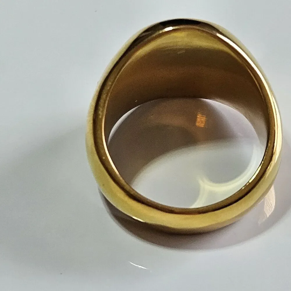 Gold Tone Black Oval Enamel Ring Chunky Size 8 - Picture 10 of 12